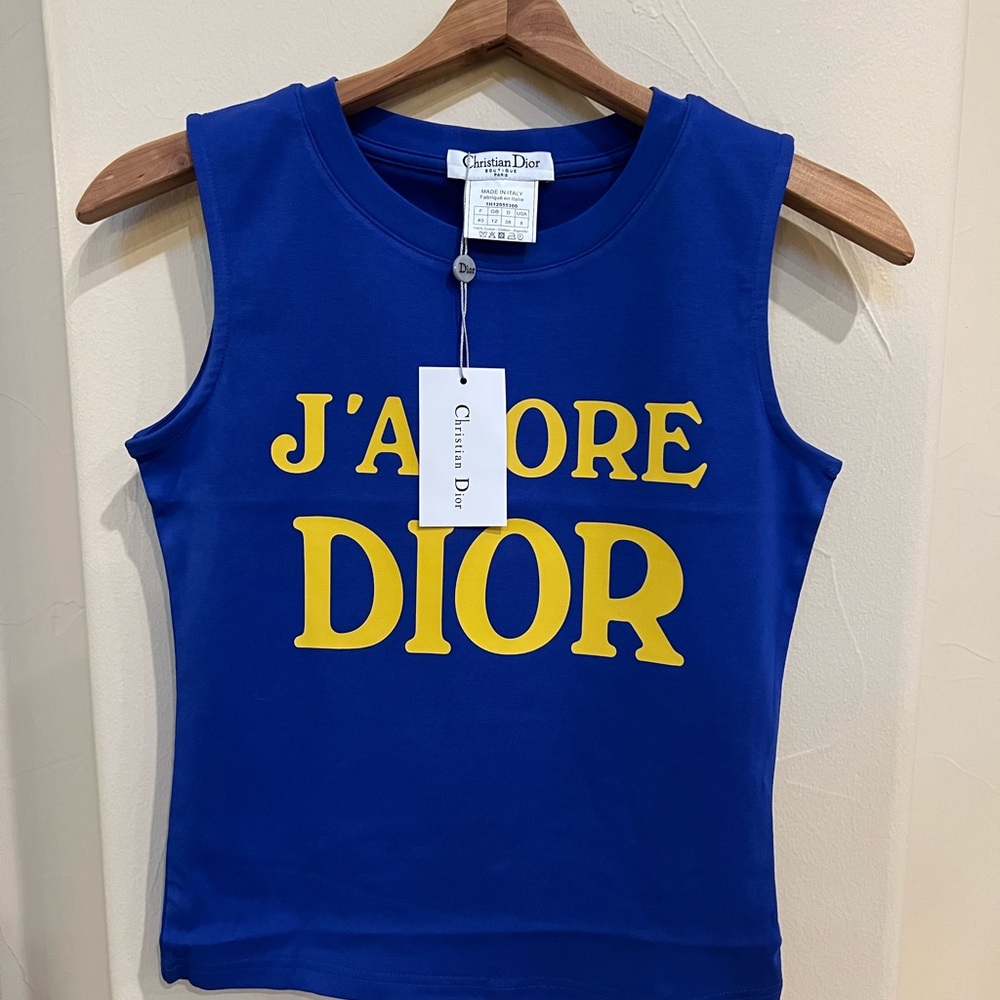 J'ADORE Dior Logo Tank Top muscle t shirt Size EU 38-40 US size 8 blue/yellow